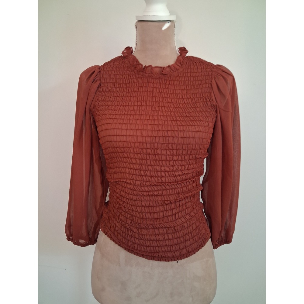 Express Smocked Ruffle Neck Blouse Rust Orange Chiffon Sleeve Top XS NEW